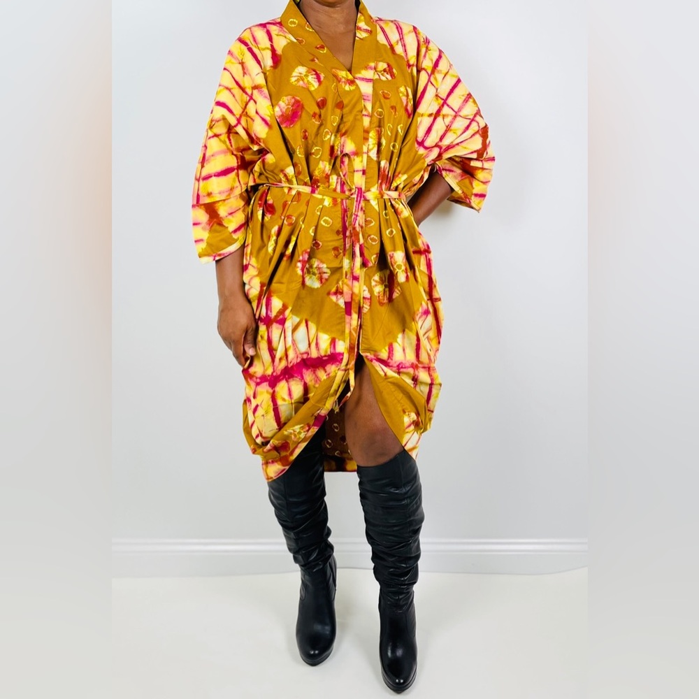 African Print Ankara Tie Dye Multicolor Belted Midi Shirt Cardigan Kimono Dress - Picture 2 of 4